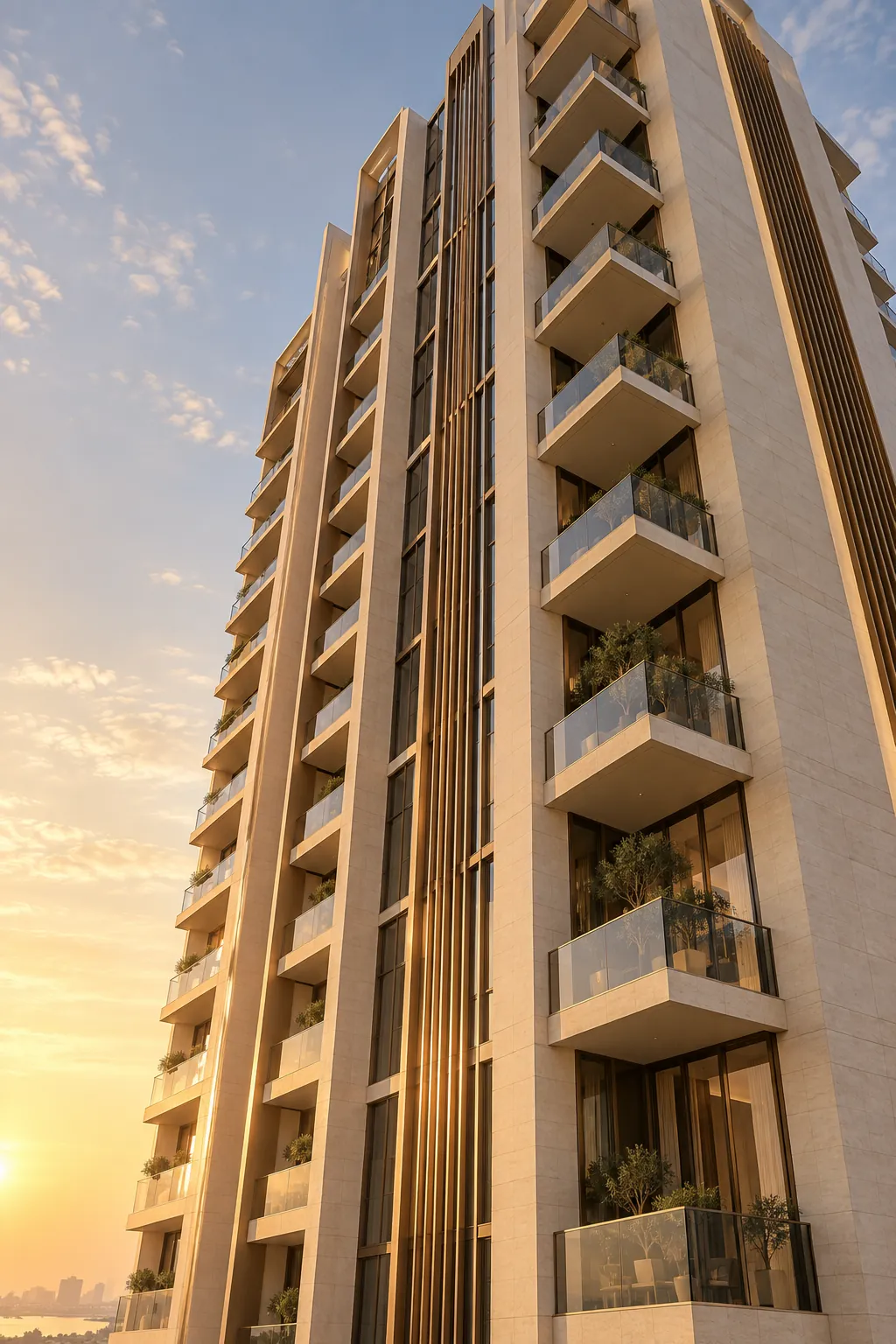 Stone and bronze façade of a residential tower in late sun