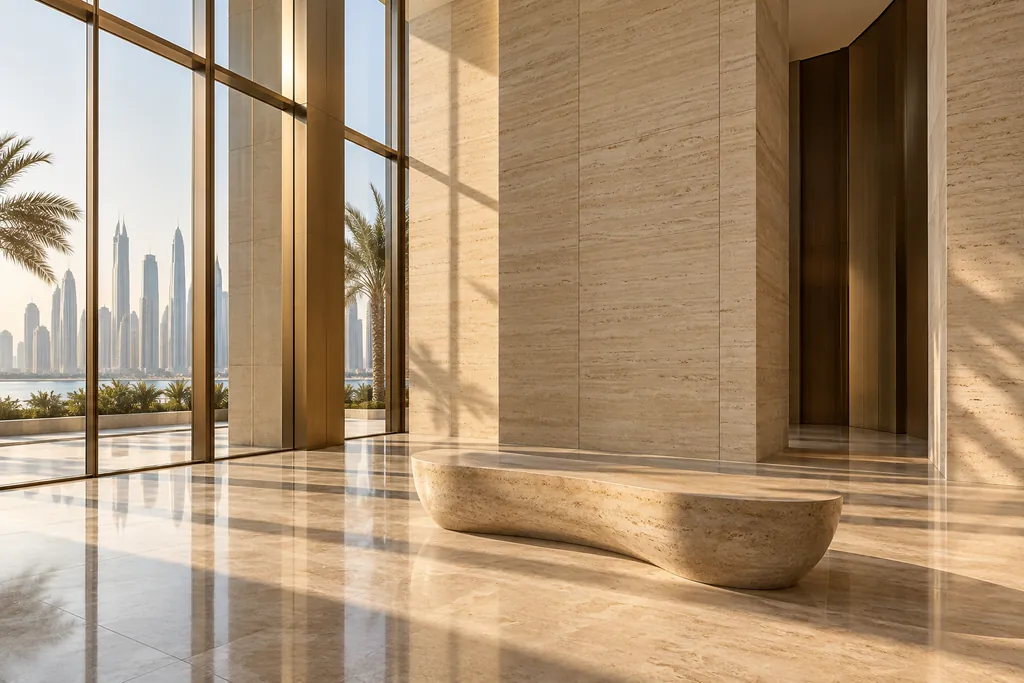 Double-height residential lobby in travertine and brass