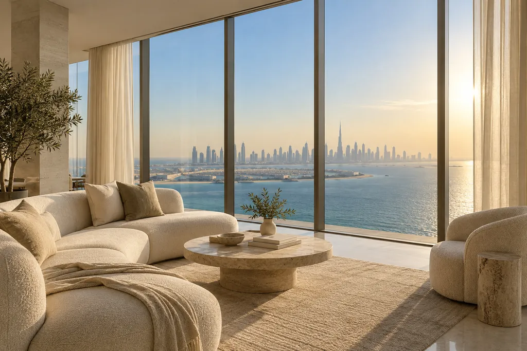 Finished living room overlooking the sea in morning light