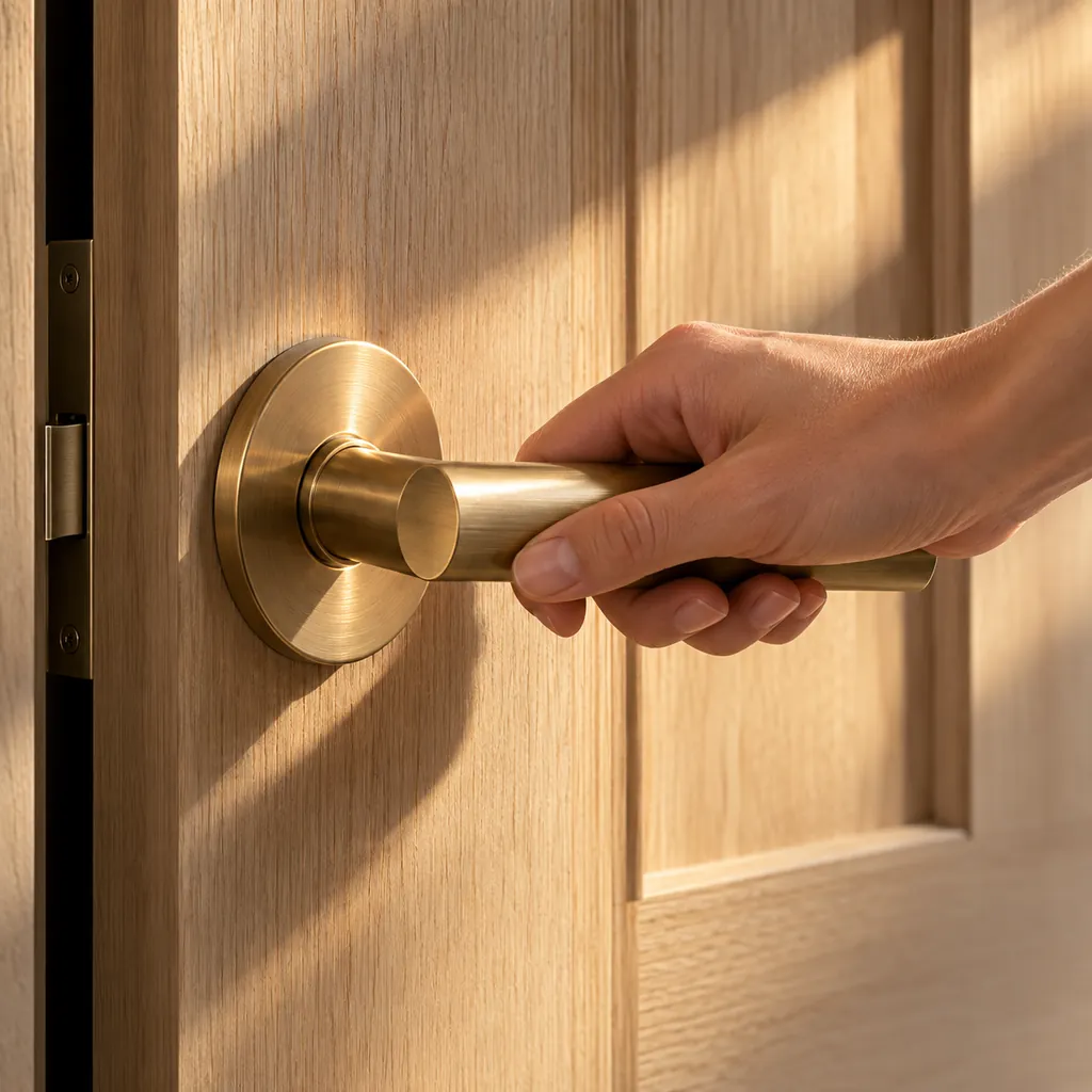 Hand on a brass door lever