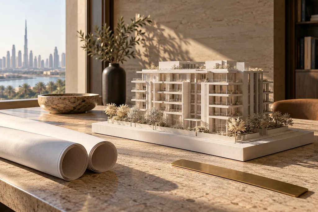Architectural scale model on a stone desk