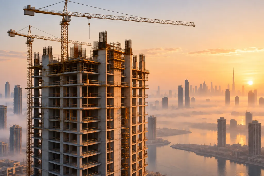 Residential tower under construction at dawn
