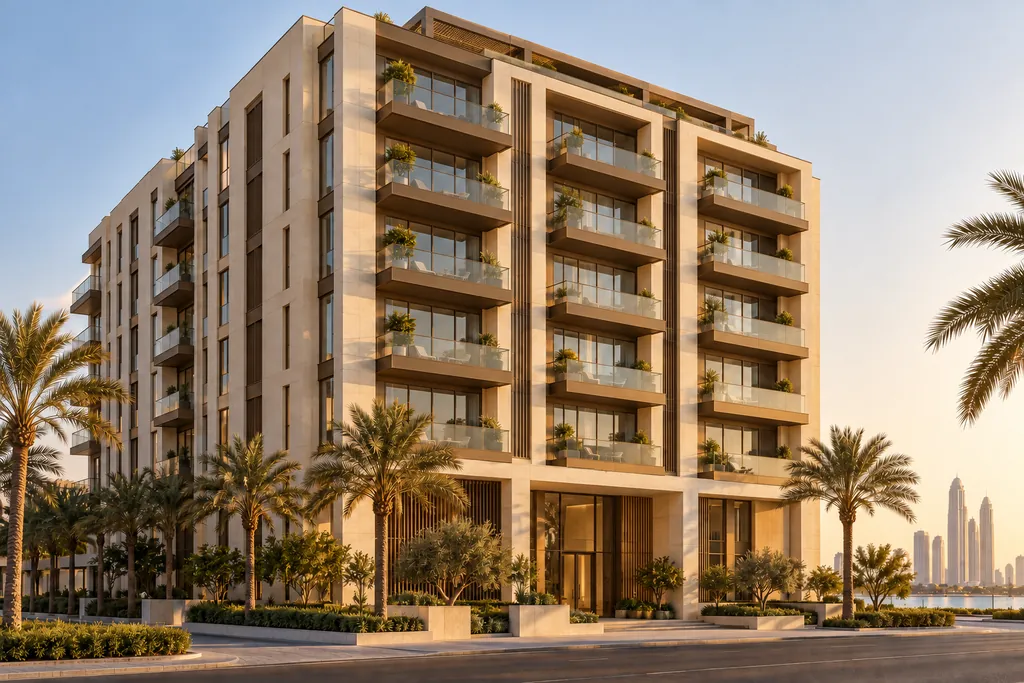 Contemporary stone residential building with palms