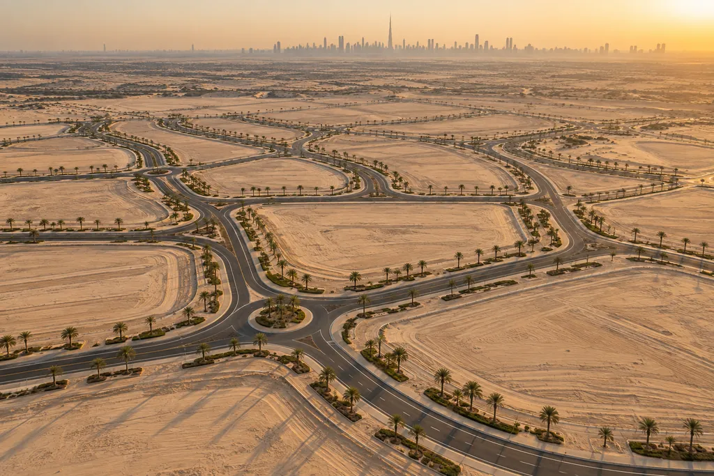 Aerial view of development plots in the desert