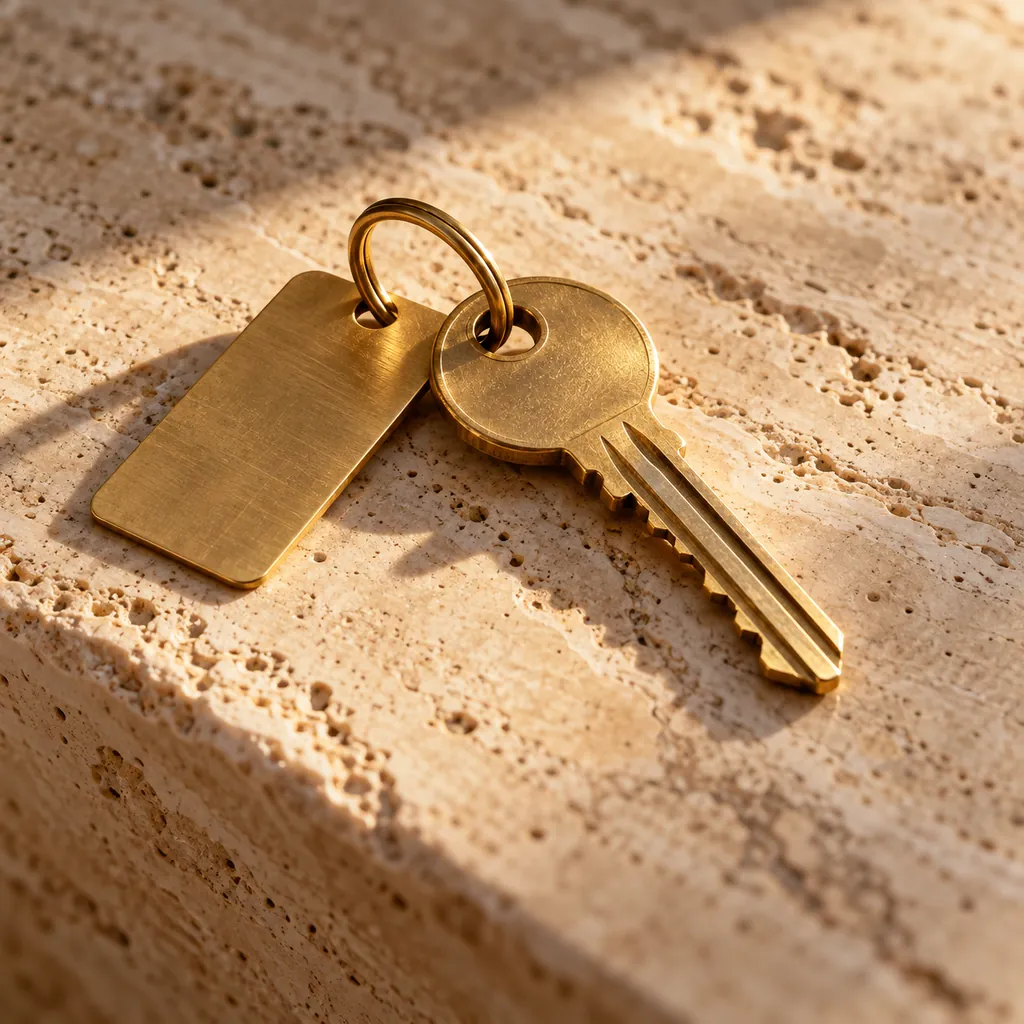 Brass key on veined travertine